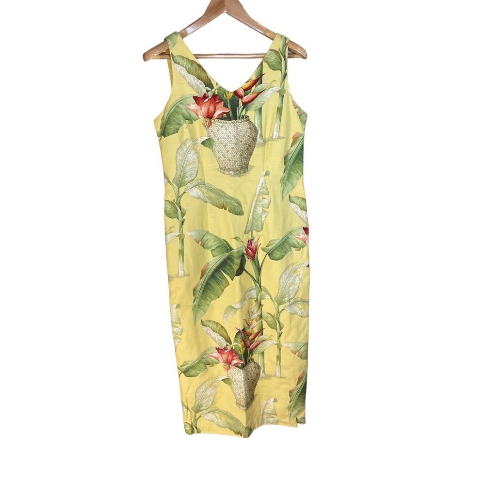 Citi Dress Yellow Cotton Tropical Sleeveless V Neck Long Dress Sz 8